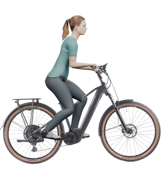 Sitzbeispiel mit 3D-Person: aufrechtere Haltung auf einem Conway Cairon SUV 4.0 2025 mit 45 cm Rahmen.