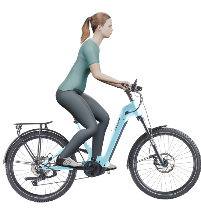 Sitzbeispiel mit derselben 3D-Person: leicht nach vorn geneigte Haltung auf demselben Conway Cairon SUV FS 4.0 mit 50 cm Rahmen.