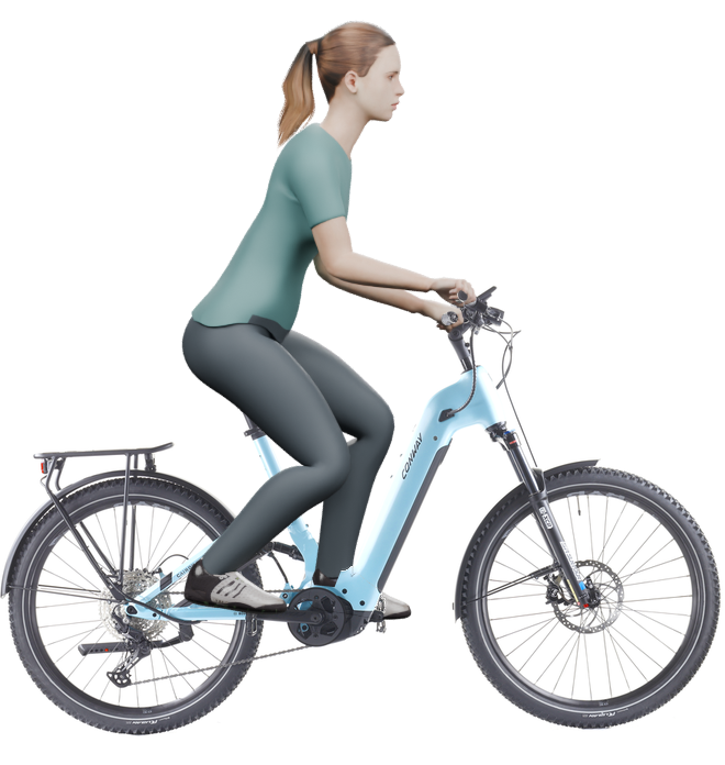 Sitzbeispiel mit derselben 3D-Person: leicht nach vorn geneigte Haltung auf demselben Conway Cairon SUV FS 4.0 mit 54 cm Rahmen.