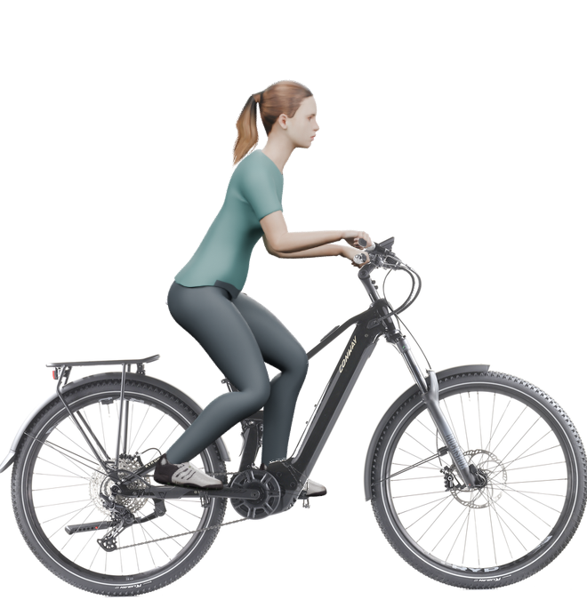 Sitzbeispiel mit derselben 3D-Person: leicht nach vorn geneigte Haltung auf demselben Conway Xyron SUV 4.0 mit 40 cm Rahmen.