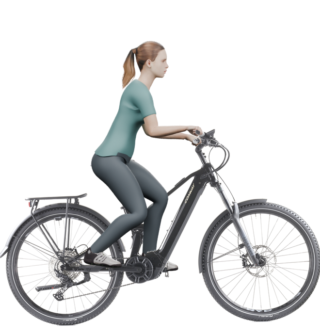 Sitzbeispiel mit 3D-Person: aufrechtere Haltung auf einem Conway Xyron SUV 4.0 mit 40 cm Rahmen.