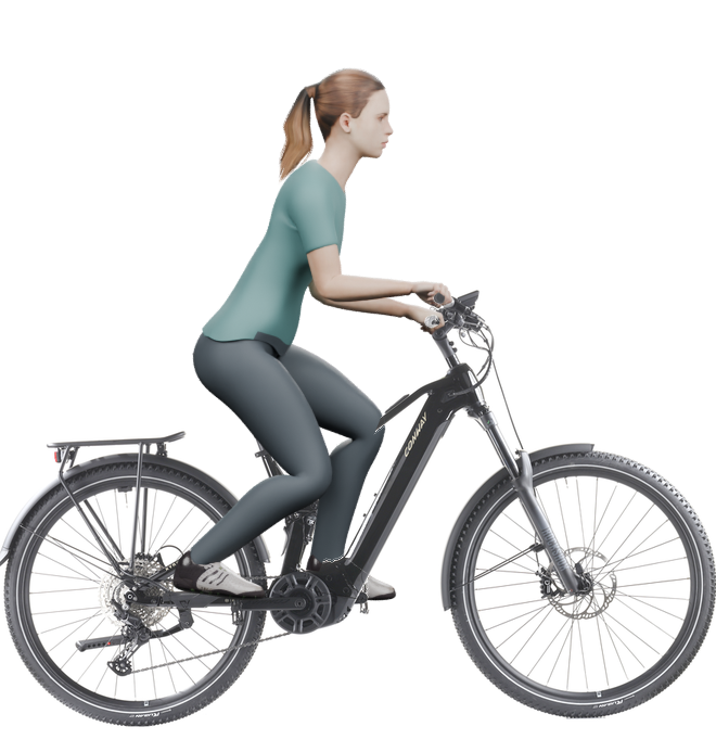 Sitzbeispiel mit derselben 3D-Person: leicht nach vorn geneigte Haltung auf demselben Conway Xyron SUV 4.0 mit 43 cm Rahmen.