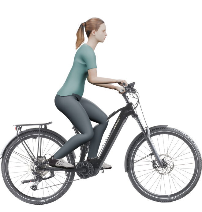 Sitzbeispiel mit 3D-Person: aufrechtere Haltung auf einem Conway Xyron SUV 4.0 mit 43 cm Rahmen.