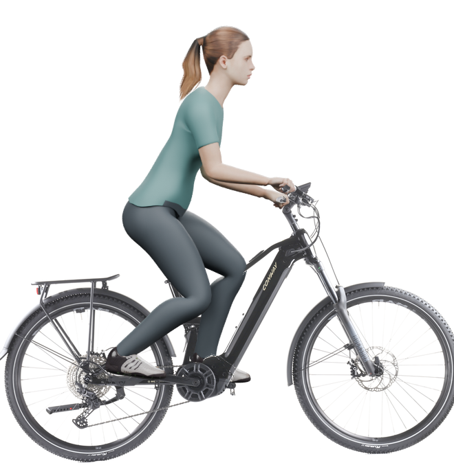 Sitzbeispiel mit derselben 3D-Person: leicht nach vorn geneigte Haltung auf demselben Conway Xyron SUV 4.0 mit 46 cm Rahmen.