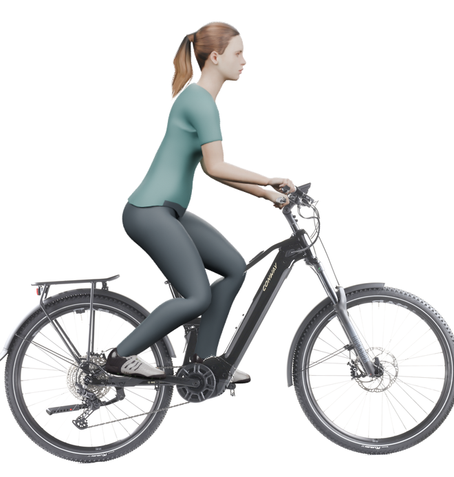 Sitzbeispiel mit 3D-Person: aufrechtere Haltung auf einem Conway Xyron SUV 4.0 mit 46 cm Rahmen.