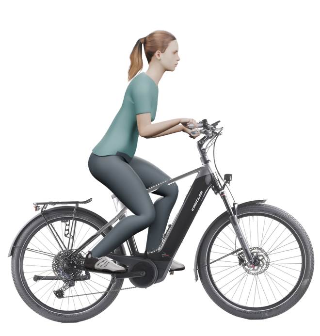 Sitzbeispiel mit derselben 3D-Person: leicht nach vorn geneigte Haltung auf demselben Kreidler Vitality Eco 10 Sport mit 50 cm Rahmen.