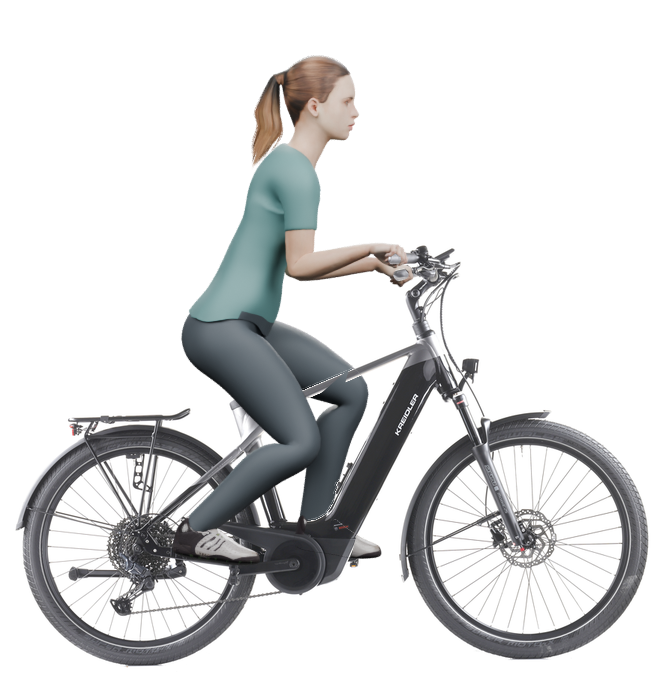 Sitzbeispiel mit 3D-Person: aufrechtere Haltung auf einem Kreidler Vitality Eco 10 Sport mit 50 cm Rahmen.