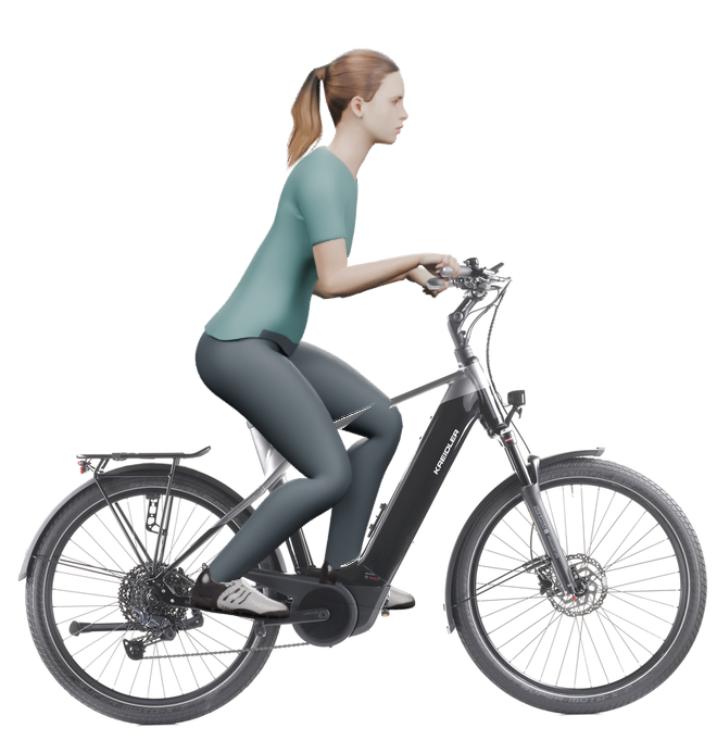 Sitzbeispiel mit derselben 3D-Person: leicht nach vorn geneigte Haltung auf demselben Kreidler Vitality Eco 10 Sport mit 55 cm Rahmen.