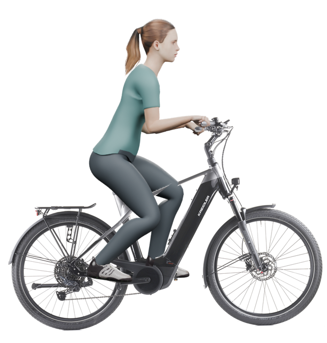 Sitzbeispiel mit 3D-Person: aufrechtere Haltung auf einem Kreidler Vitality Eco 10 Sport mit 55 cm Rahmen.