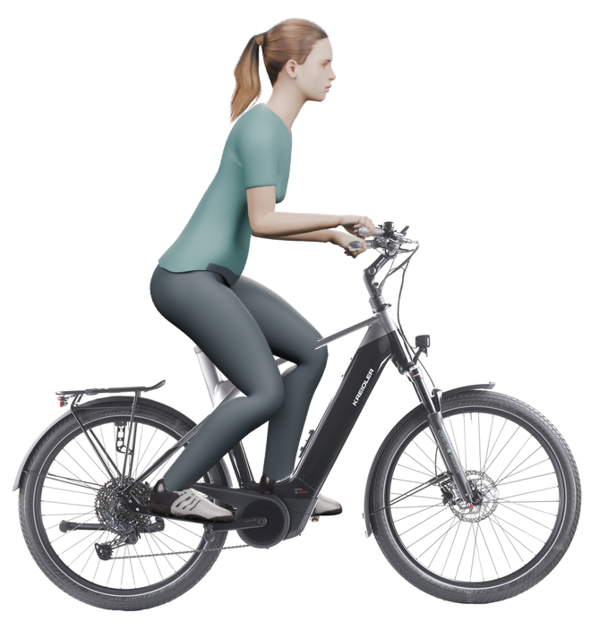 Sitzbeispiel mit derselben 3D-Person: leicht nach vorn geneigte Haltung auf demselben Kreidler Vitality Eco 10 Sport mit 60 cm Rahmen.
