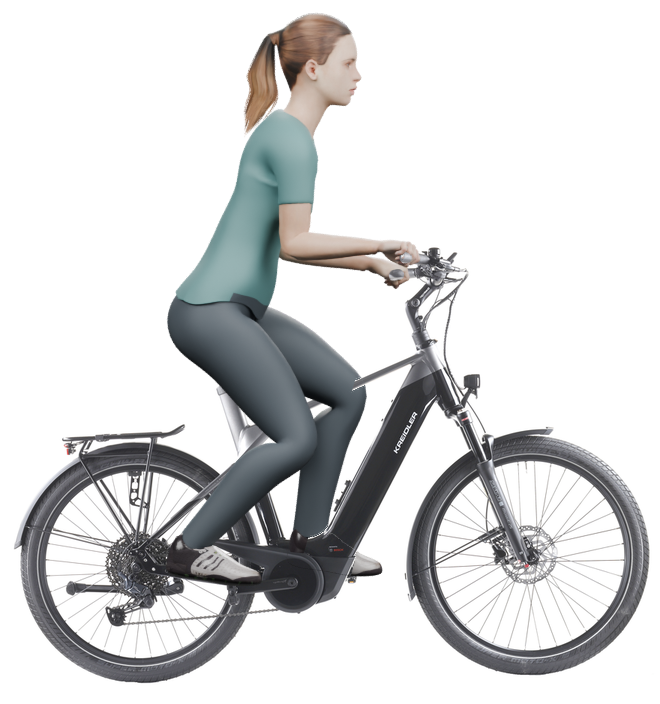 Sitzbeispiel mit 3D-Person: aufrechtere Haltung auf einem Kreidler Vitality Eco 10 Sport mit 60 cm Rahmen.