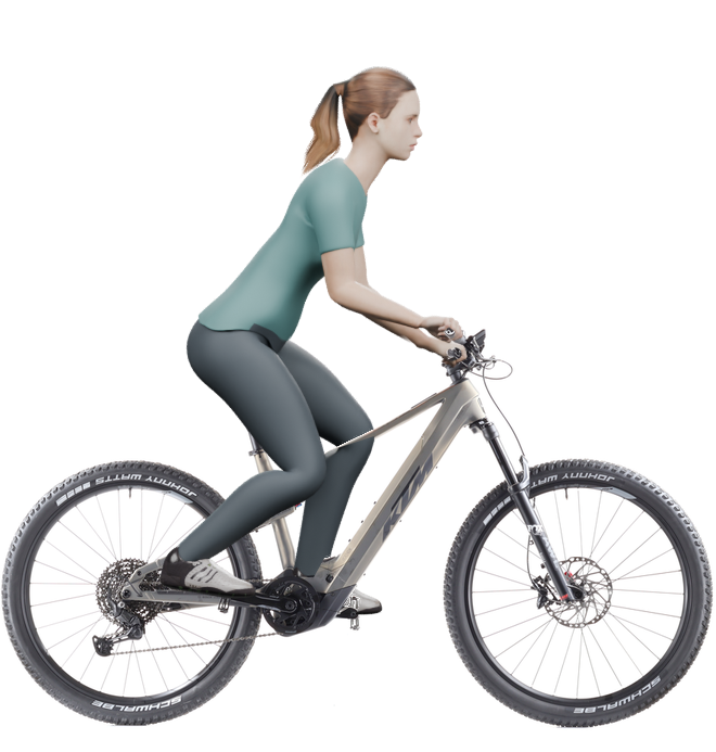 Sitzbeispiel mit derselben 3D-Person: leicht nach vorn geneigte Haltung auf demselben KTM Macina Chacana 891 mit 48 cm Rahmen.