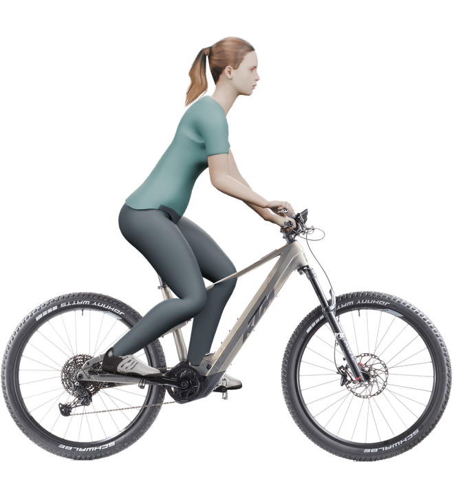 Sitzbeispiel mit 3D-Person: aufrechtere Haltung auf einem KTM Macina Chacana 891 mit 48 cm Rahmen.