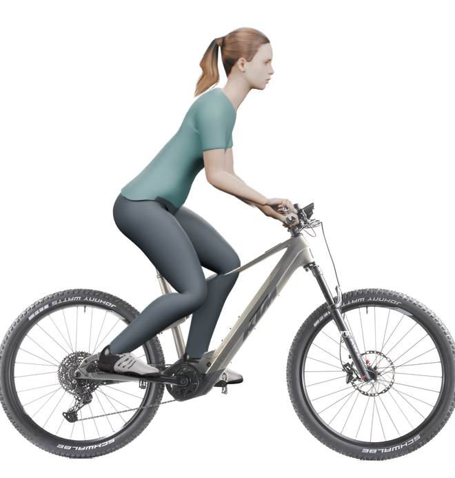 Sitzbeispiel mit derselben 3D-Person: leicht nach vorn geneigte Haltung auf demselben KTM Macina Chacana 891 mit 53 cm Rahmen.