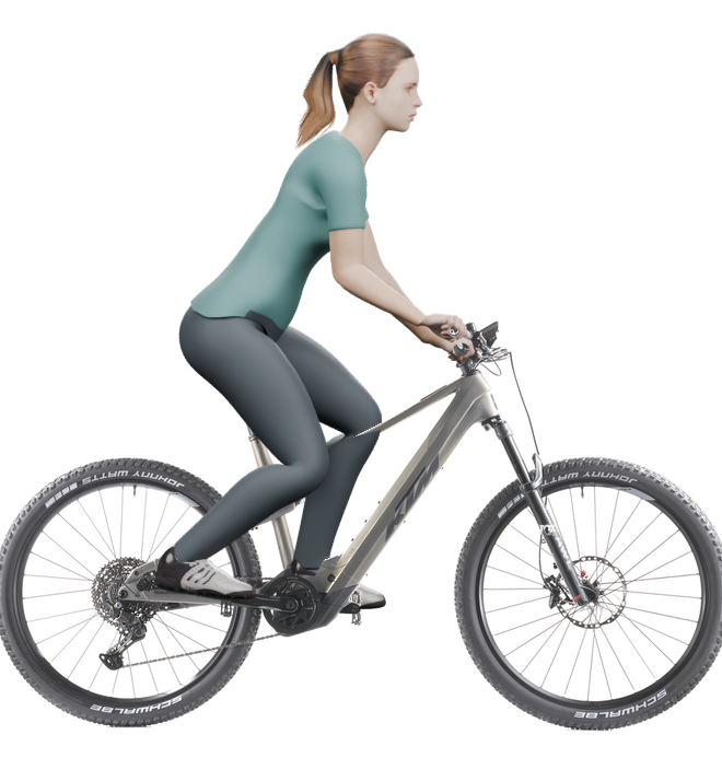 Sitzbeispiel mit 3D-Person: aufrechtere Haltung auf einem KTM Macina Chacana 891 mit 53 cm Rahmen.