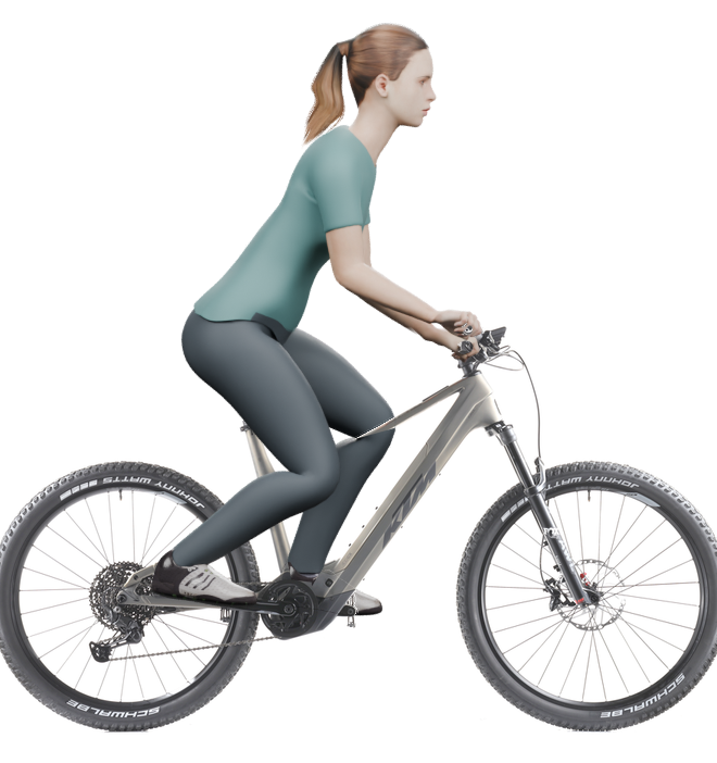 Sitzbeispiel mit derselben 3D-Person: leicht nach vorn geneigte Haltung auf demselben KTM Macina Chacana 891 mit 57 cm Rahmen.