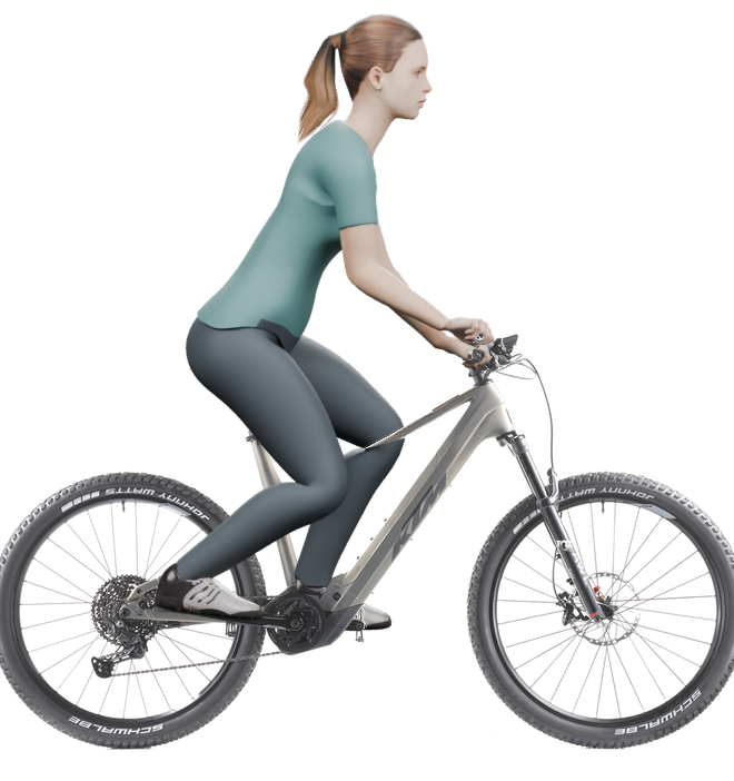 Sitzbeispiel mit 3D-Person: aufrechtere Haltung auf einem KTM Macina Chacana 891 mit 57 cm Rahmen.