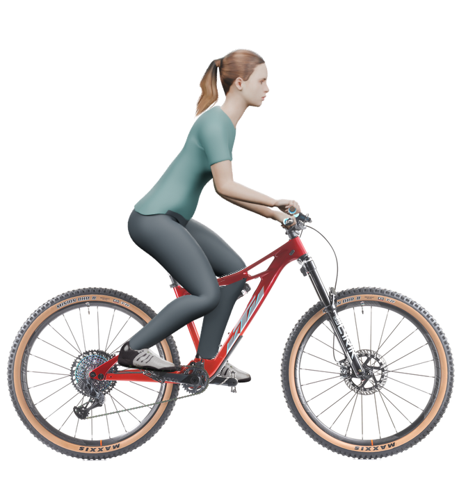 Sitzbeispiel mit derselben 3D-Person: leicht nach vorn geneigte Haltung auf demselben KTM Prowler Exonic mit 43 cm Rahmen.
