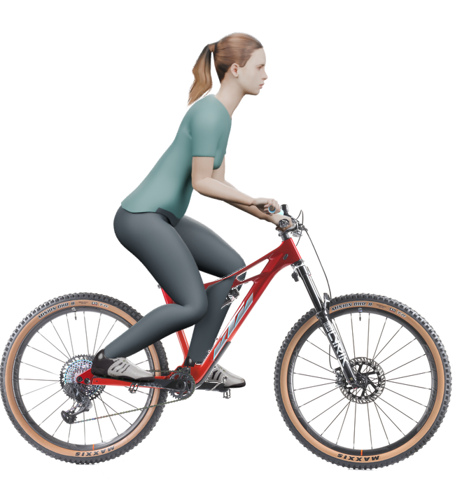 Sitzbeispiel mit derselben 3D-Person: leicht nach vorn geneigte Haltung auf demselben KTM Prowler Exonic mit 48 cm Rahmen.