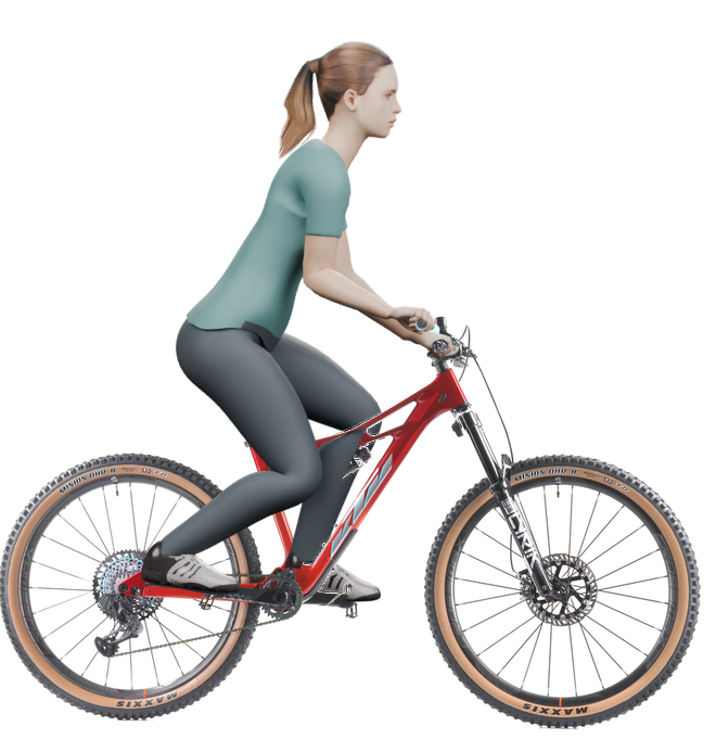 Sitzbeispiel mit 3D-Person: aufrechtere Haltung auf einem KTM Prowler Exonic mit 48 cm Rahmen.