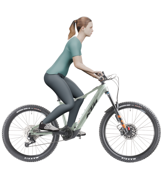 Sitzbeispiel mit derselben 3D-Person: leicht nach vorn geneigte Haltung auf demselben KTM Macina Kapoho Master ABS mit 43 cm Rahmen.