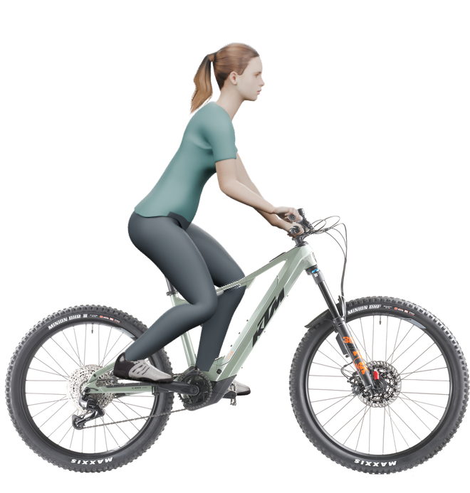 Sitzbeispiel mit 3D-Person: aufrechtere Haltung auf einem KTM Macina Kapoho Master ABS mit 43 cm Rahmen.