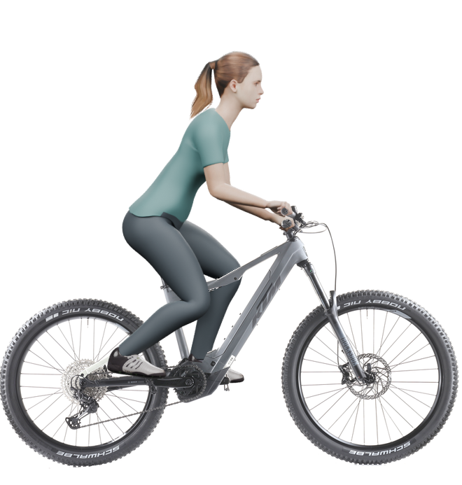 Sitzbeispiel mit derselben 3D-Person: leicht nach vorn geneigte Haltung auf demselben KTM Macina Kapoho Comp LTD mit 43 cm Rahmen.