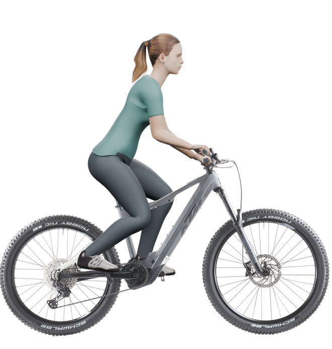 Sitzbeispiel mit 3D-Person: aufrechtere Haltung auf einem KTM Macina Kapoho Comp LTD mit 43 cm Rahmen.
