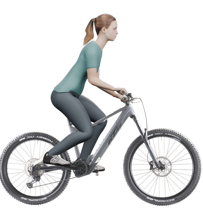 Sitzbeispiel mit derselben 3D-Person: leicht nach vorn geneigte Haltung auf demselben KTM Macina Kapoho Comp LTD mit 48 cm Rahmen.