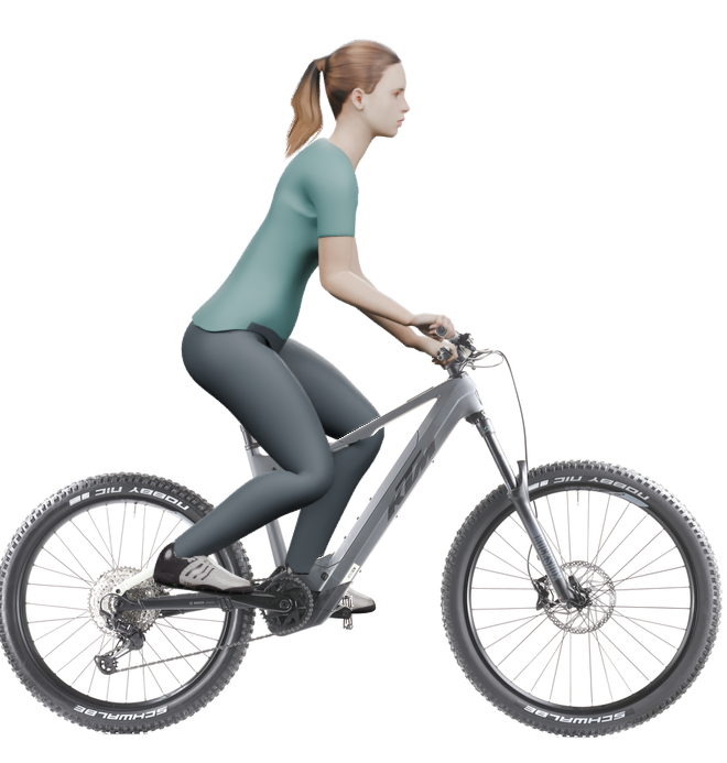Sitzbeispiel mit 3D-Person: aufrechtere Haltung auf einem KTM Macina Kapoho Comp LTD mit 48 cm Rahmen.