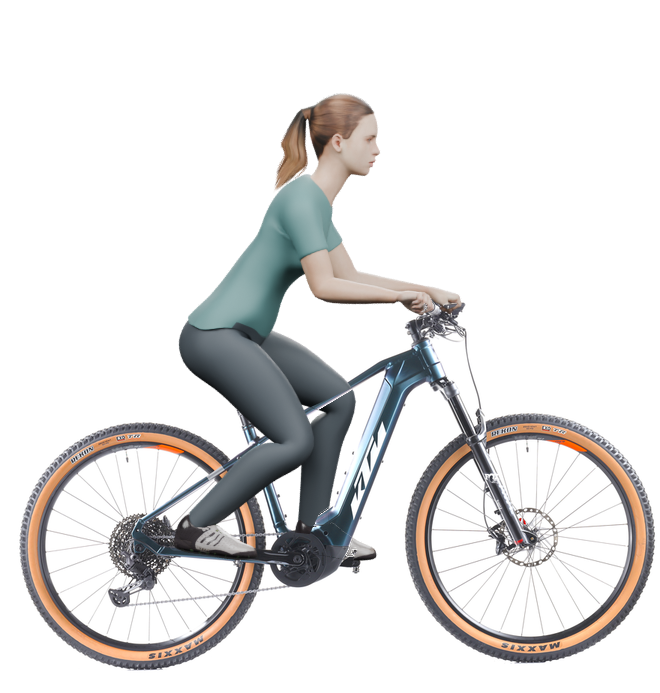 Sitzbeispiel mit derselben 3D-Person: leicht nach vorn geneigte Haltung auf demselben KTM Macina Team 791 mit 43 cm Rahmen.