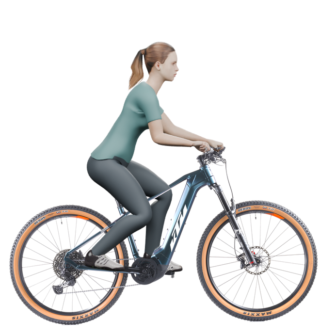 Sitzbeispiel mit 3D-Person: aufrechtere Haltung auf einem KTM Macina Team 791 mit 43 cm Rahmen.