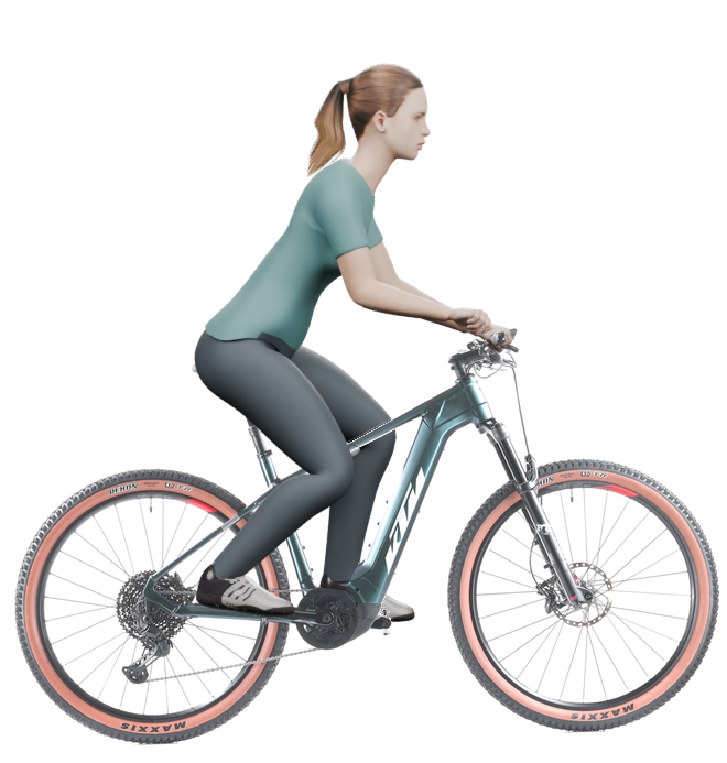 Sitzbeispiel mit derselben 3D-Person: leicht nach vorn geneigte Haltung auf demselben KTM Macina Team 791 mit 48 cm Rahmen.