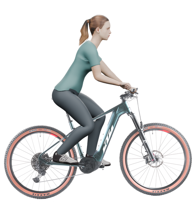 Sitzbeispiel mit 3D-Person: aufrechtere Haltung auf einem KTM Macina Team 791 mit 48 cm Rahmen.