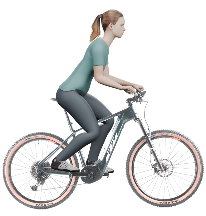 Sitzbeispiel mit derselben 3D-Person: leicht nach vorn geneigte Haltung auf demselben KTM Macina Team 791 mit 53 cm Rahmen.