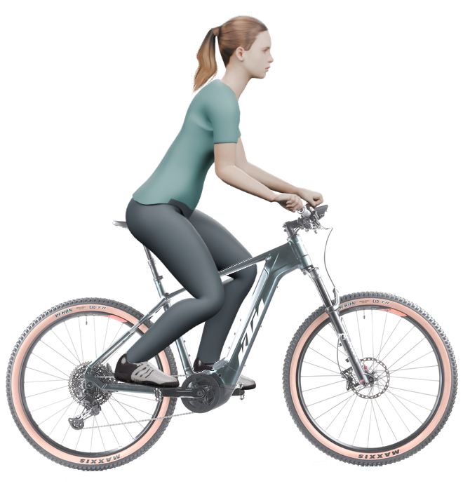 Sitzbeispiel mit 3D-Person: aufrechtere Haltung auf einem KTM Macina Team 791 mit 53 cm Rahmen.