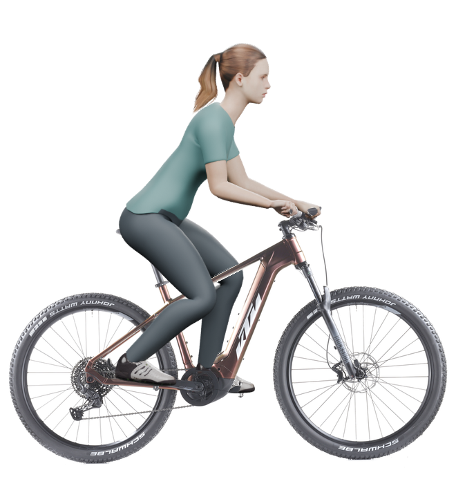 Sitzbeispiel mit derselben 3D-Person: leicht nach vorn geneigte Haltung auf demselben KTM Macina Team 792 Glorious mit 48 cm Rahmen.