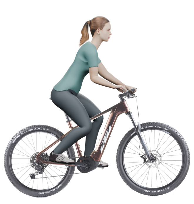 Sitzbeispiel mit 3D-Person: aufrechtere Haltung auf einem KTM Macina Team 792 Glorious mit 48 cm Rahmen.