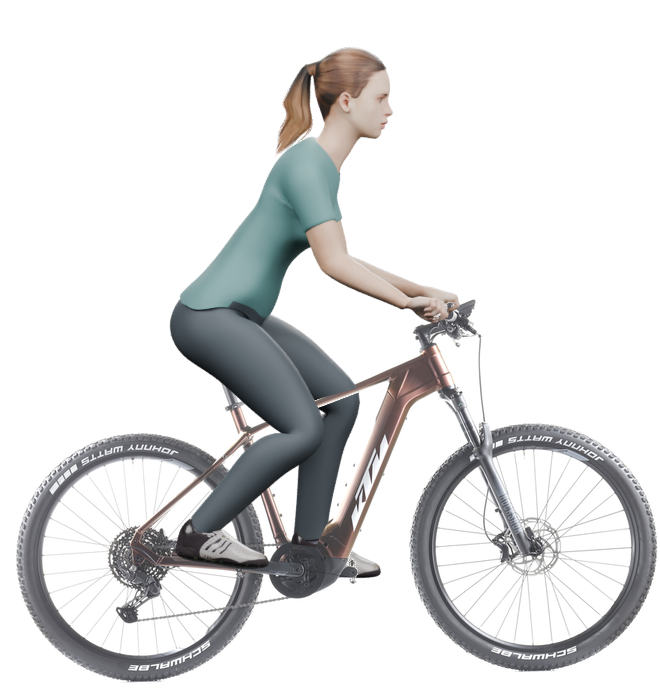 Sitzbeispiel mit derselben 3D-Person: leicht nach vorn geneigte Haltung auf demselben KTM Macina Team 792 Glorious mit 53 cm Rahmen.