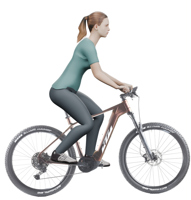 Sitzbeispiel mit 3D-Person: aufrechtere Haltung auf einem KTM Macina Team 792 Glorious mit 53 cm Rahmen.