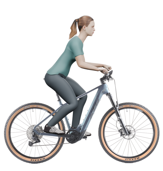 Sitzbeispiel mit derselben 3D-Person: leicht nach vorn geneigte Haltung auf demselben KTM Macina Team 891 mit 48 cm Rahmen.