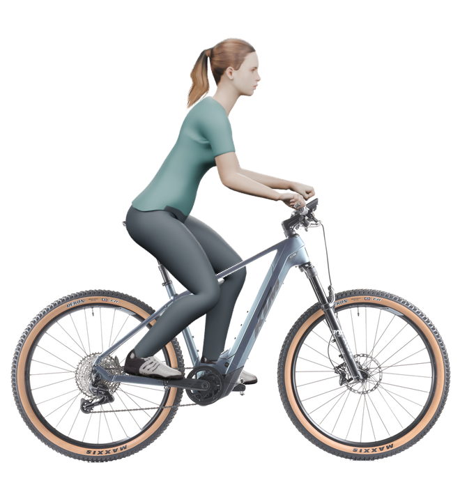 Sitzbeispiel mit 3D-Person: aufrechtere Haltung auf einem KTM Macina Team 891 mit 48 cm Rahmen.