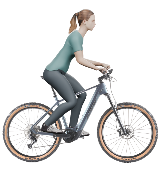 Sitzbeispiel mit derselben 3D-Person: leicht nach vorn geneigte Haltung auf demselben KTM Macina Team 891 mit 53 cm Rahmen.