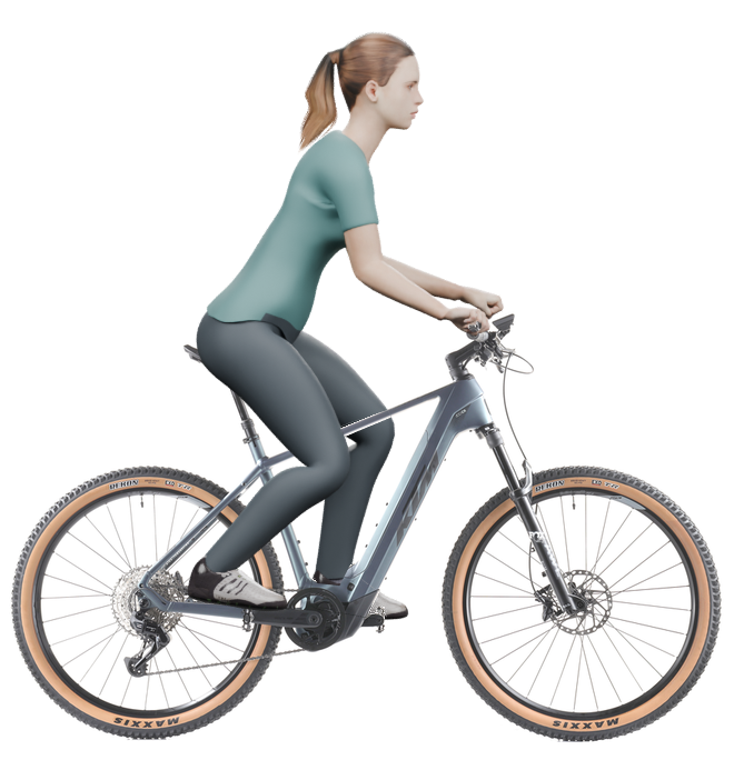Sitzbeispiel mit 3D-Person: aufrechtere Haltung auf einem KTM Macina Team 891 mit 53 cm Rahmen.