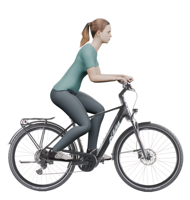 Sitzbeispiel mit derselben 3D-Person: leicht nach vorn geneigte Haltung auf demselben KTM Macina Tour CX 830 mit 51 cm Rahmen.