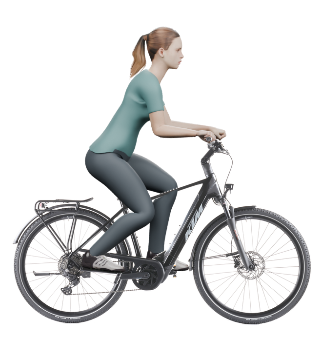 Sitzbeispiel mit 3D-Person: aufrechtere Haltung auf einem KTM Macina Tour CX 830 mit 51 cm Rahmen.