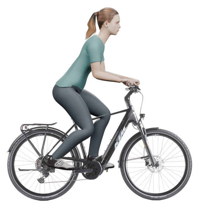 Sitzbeispiel mit derselben 3D-Person: leicht nach vorn geneigte Haltung auf demselben KTM Macina Tour CX 830 mit 56 cm Rahmen.