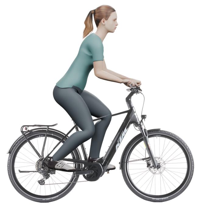 Sitzbeispiel mit 3D-Person: aufrechtere Haltung auf einem KTM Macina Tour CX 830 mit 56 cm Rahmen.