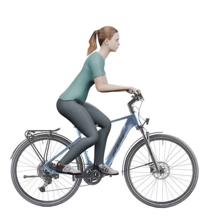 Sitzbeispiel mit derselben 3D-Person: leicht nach vorn geneigte Haltung auf demselben KTM Macina Sport SX 20 mit 51 cm Rahmen.