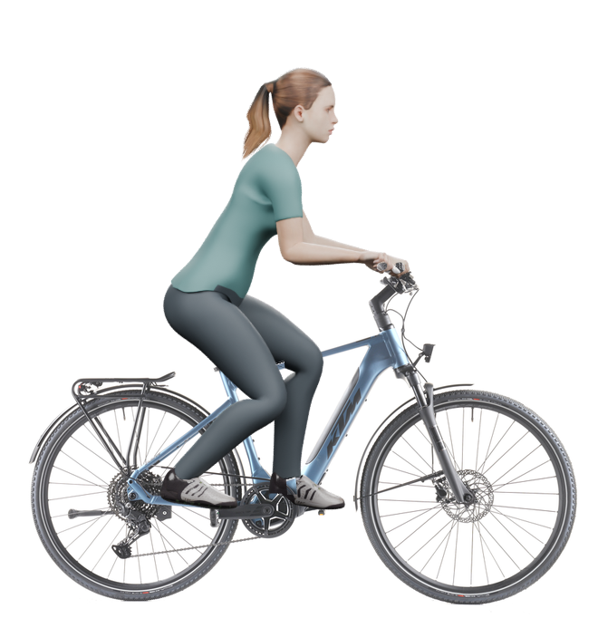 Sitzbeispiel mit 3D-Person: aufrechtere Haltung auf einem KTM Macina Sport SX 20 mit 51 cm Rahmen.